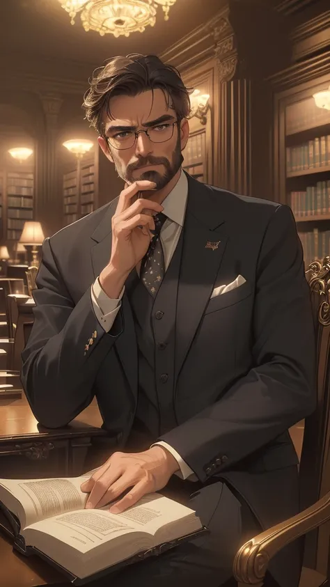 (editorial photograph 9:16 of a working man sitting in his living room in, bearded, calm,confident,look rich,serious doing his reading, 52 years old, brown eyes), (wearing luxury suit, wearing nerd glasses, detailed:1.3), (highly detailed face:1.4), (backg...