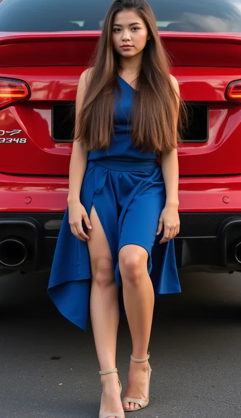 beautiful girl full-length view from below with long legs in high heels with long hair, in a blue dress, against the background of a red jaguar car, hyper-realistic, hyper-detailed skin texture, hyper-detailed beautiful eyes