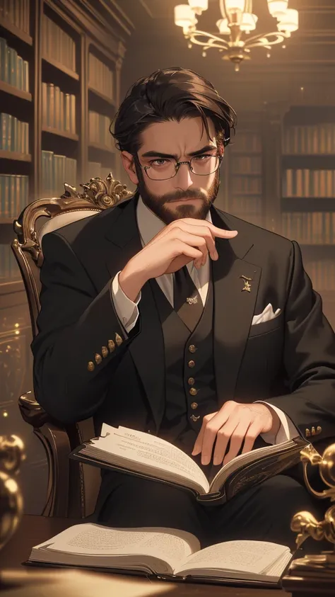 (editorial photograph 9:16 of a working man sitting in his living room in, bearded, calm,confident,look rich,serious doing his reading, 27 years old, brown eyes), (wearing luxury suit, wearing nerd glasses, detailed:1.3), (highly detailed face:1.4), (backg...