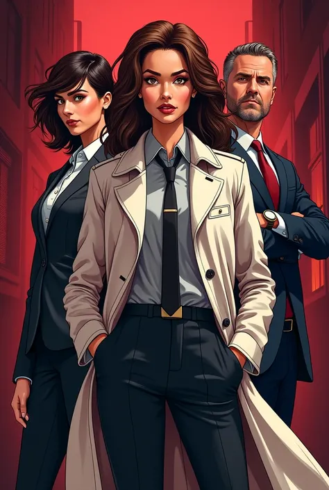  You can create a Flyer for me only the background , of characters a female detective ,  a male coroner in a white coat and a prosecutor, Make it a Flyer to solve cases , But let it be more illustrated and that the main color is wine