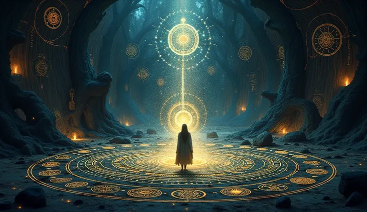 Create a mystical scene featuring 100 diferent ancient simbols, intricately designed, creating a sense of enchanting energy. Mind bending, dreamy, ethereal, fantastic, The background should be dark and ethereal, with swirling patterns of light, symbolizing...