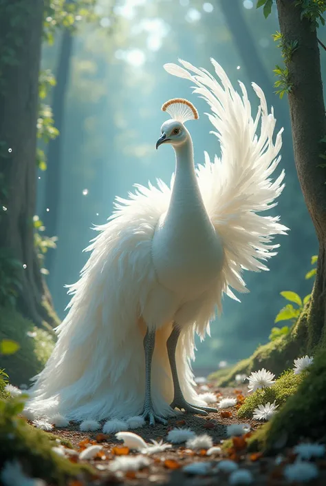 The peacock is white and is expelled from heaven and brought down to earth 