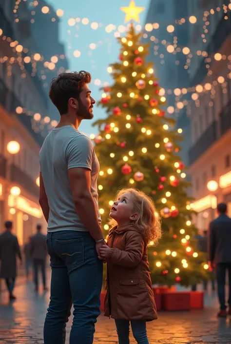 Little blond girl with her father (jeans white t-shirt) on the street looking at a christmas tree