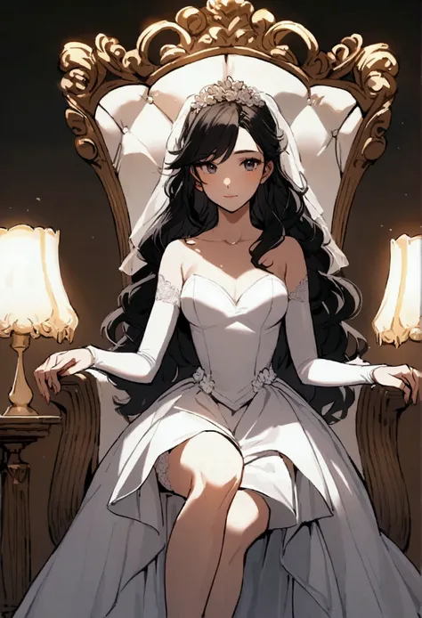 Italian girl, 28 years old, long wavy black hair, sitting on a luxury chair, wearing a wedding dress