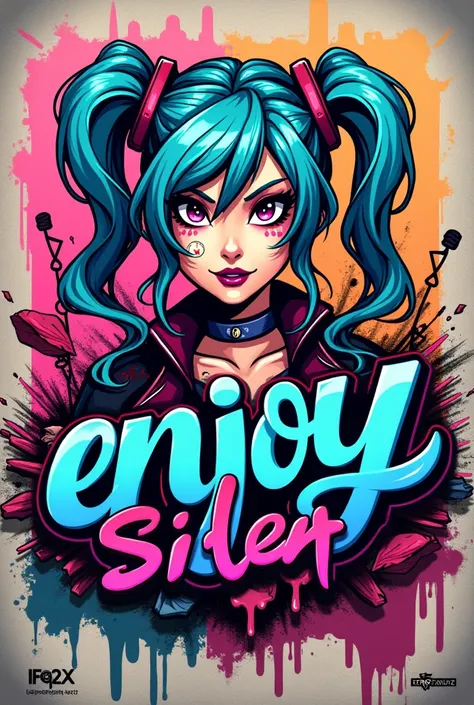 A logo style image with the text EnjoySilent712 and the videogame character Jinx in her traditional appearance in the background make it a vibrant graffiti style vibe and pay attention to use the exact text as given