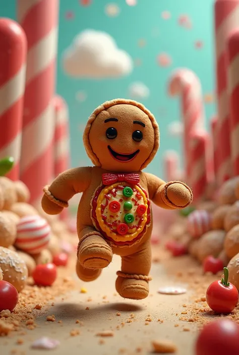 Gingerbread man as a pizza while running 