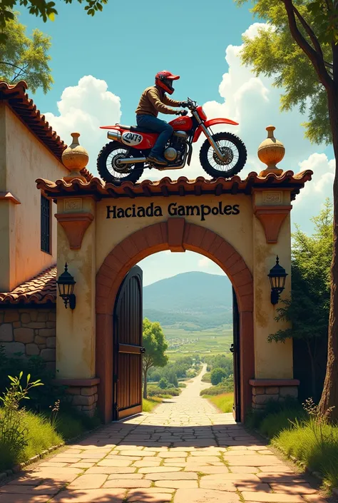 Entrance to a farm with the facade that says Hacienda Gampoles and a DT motorcycle on top 