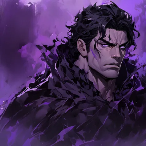 A man with wavy and black hair. Do men have manly features. The man is muscular . The man has purple eyes .  The man has a serious expression .  The man is wearing black armor with purple details.  The man is under a purple moon .