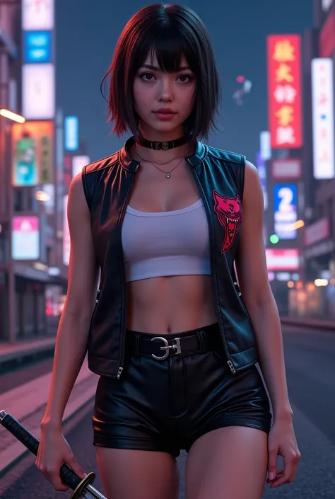 Japanese woman with a black leather sleeveless jacket with a red jackal emblem, white crop top, leather black shorts. Mid hair, cocky arrogant face, holding a katana.4k, realistic. Neon futuristic city background by night