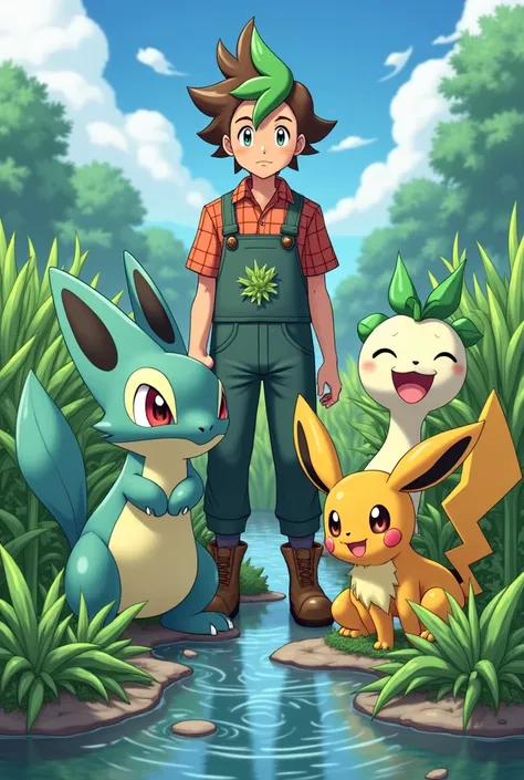  A young man with brown hair and green hair in the middle of a farm with plant-type Pokémon and water. The Pokémon are close to the young .  The young man is wearing a plaid farm outfit and loves Pokémon .