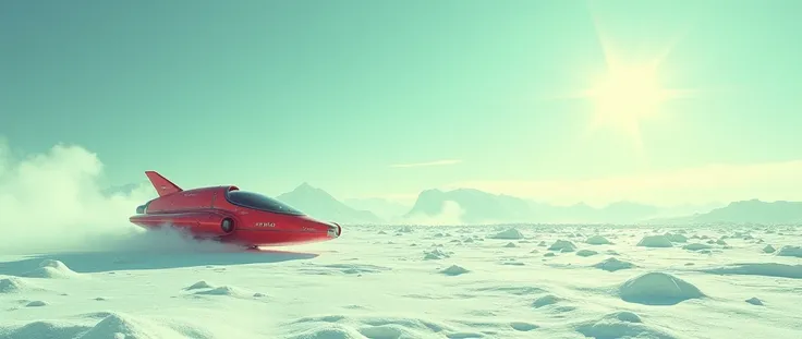 (screenshot from 80s movie, shot on VHS) Background is a very small red detailed retro-style spaceship landed on an ice planet. Bright daylight, slight shimmer of the image, color saturation effect like in video games. --stylize 750 --v 6.1 --ar 4:3 --no c...