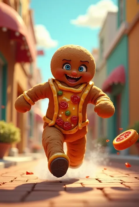 Gingerbread man as a pizza while running while his whole body is pizza while being happy