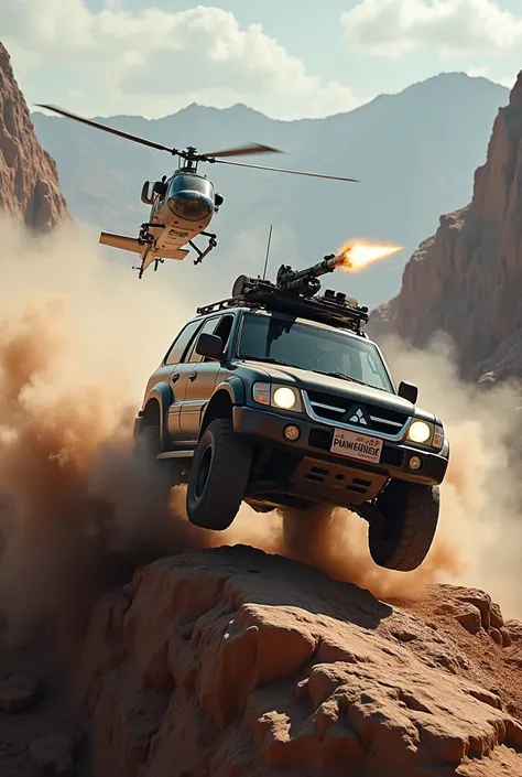  Mitsubishi Pajero machine gun at high speed jumping off a cliff. Chasing helicopter shooting bursts of .