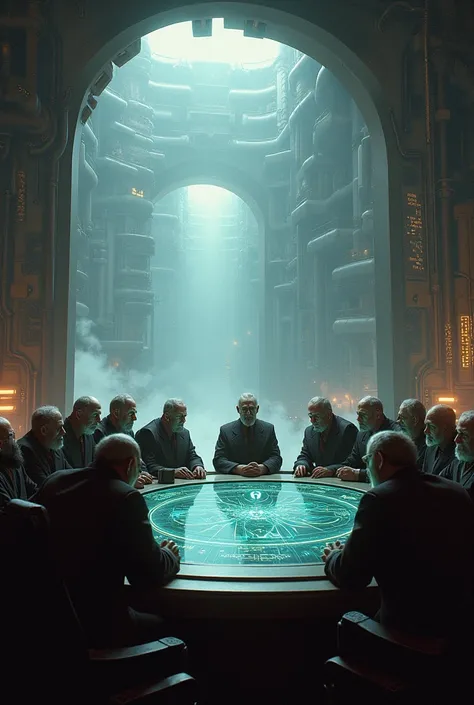 The Zion Council: The city of Zion in the background with the Council of Elders gathered in a war room, preparing for the oncoming battle with the machines.
