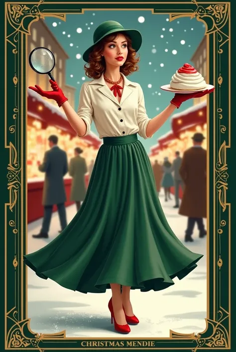 A playful yet elegant book cover featuring a slim, casually glamorous female detective mid-chaos. She wears a flowing green skirt, mismatched gloves (one red, one white), and a chic blouse with a half-undone bow. Her cloche hat is slipping off as she juggl...