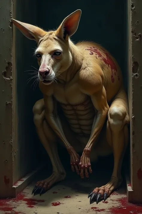 A well-damaged soldier kangaroo in a corner 
