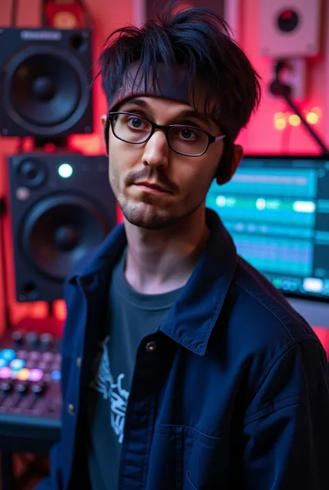 Homme 25 ans cheveux courts, pose devant une table de mixage et plusieurs instruments,il est habillée dune veste bleu marine et on voit que son buste et sa tête sur la photo, écris Rockzyz scores sur limage 