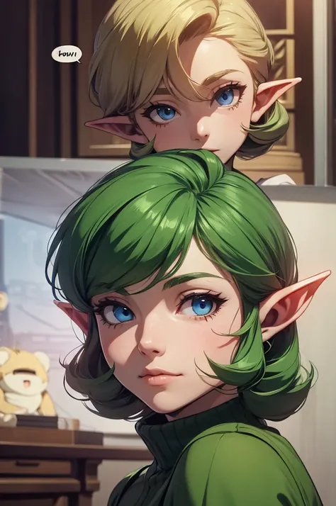 saria (the legend of zelda), she is and looks like an adult, blue eyes, short curly green hair, long pointy elf ears, looking at viewer, she is saying "Papa bear" in a speech bubble