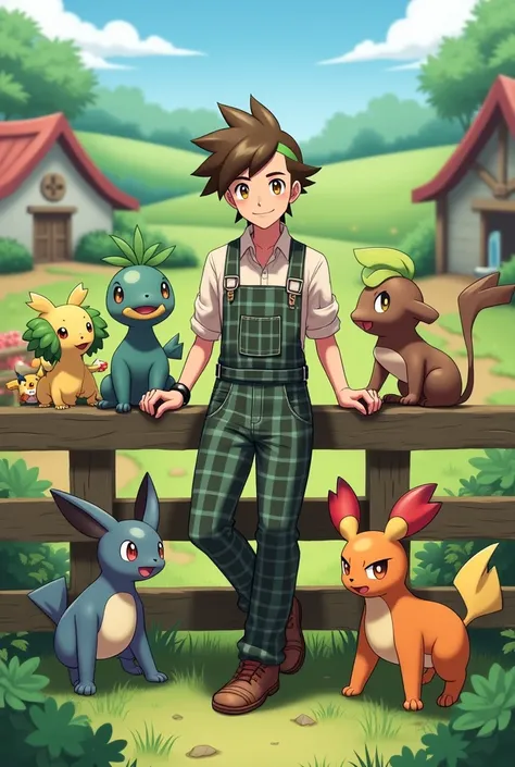  A young man with brown hair and green hair in the middle of a farm with plant-type Pokémon and water. The Pokémon are close to the young .  The young man is wearing a plaid farm outfit and loves Pokémon . The young man is leaning on the fence of the corra...