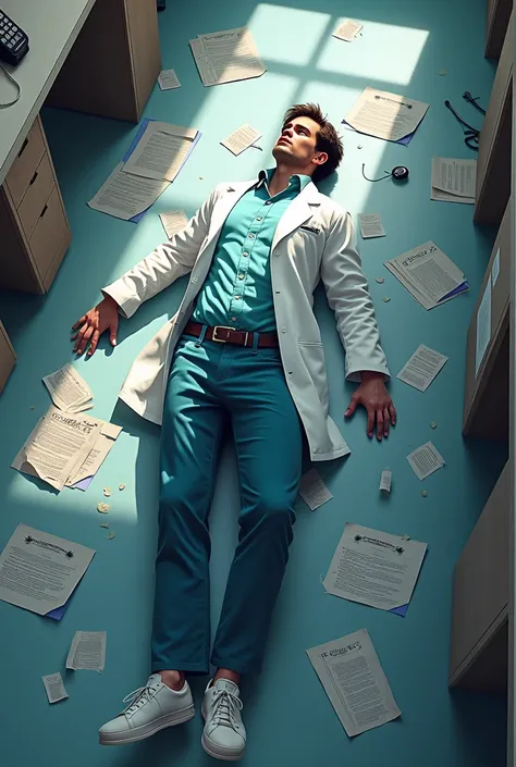  image seen from above , OF A DOCTOR LYING ON THE FLOOR,  ON TOP OF VARIOUS PAPERS ,  AND MEDICAL EQUIPMENT AND A CELL PHONE RINGING ON THE SIDE.