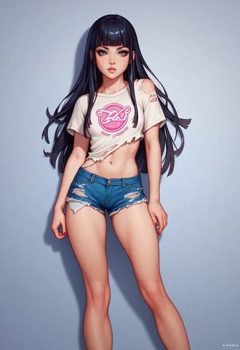 nude laid-back skater girl with shoulder-length black hair and blunt bangs, wearing a loose-fitting T-shirt with a bold neon logo and ripped denim shorts, very small breasts, 