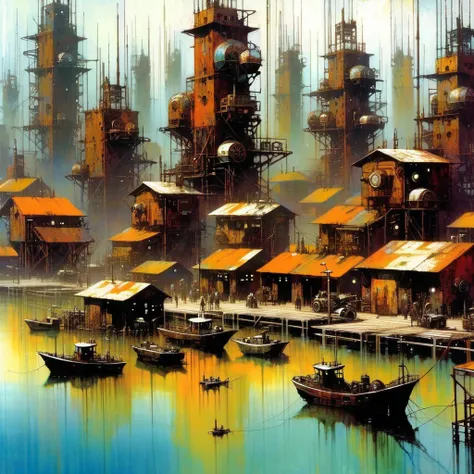 Futuristic fishing village, rusty metal city, lots of details(Bill Sienkiewicz inspired art, intricate details, oil painting)
