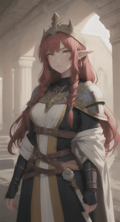 Ancient Eldari, Yggdrasil princess, Rionyx, long red hair, yellow eyes, bandit braids, looking at viewer, long messy hair, ancient Hyrule, ancient priestess armor,