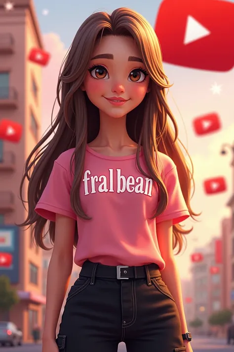 A detailed cartoon ,  looking gorgeous ,  brown eyes ,  light brown hair , no bangs, long and straight,  with a baby pink shirt written Fralbean and black cargo pants, corpo detailed, cabelo detailed, e com um fundo lindo detailed, with YouTube logo in the...