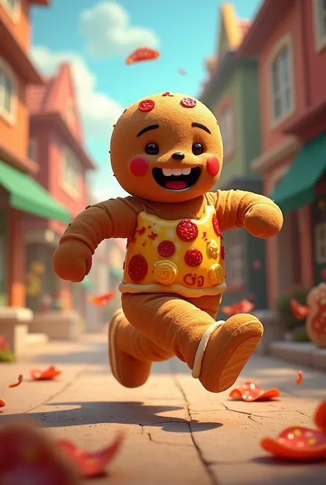 Gingerbread man as a pizza while running while his whole body is pizza while being happy