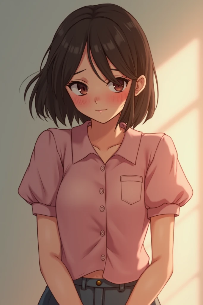 female、High image quality、Brown short hair、shorts、Clothes with buttons、crying 、Downward-slanting eyebrows、smile、blush、puff sleeves、pink clothes、(Diapers)、(膨らんだDiapers)、(Pee)、((Peeing))、Trembling