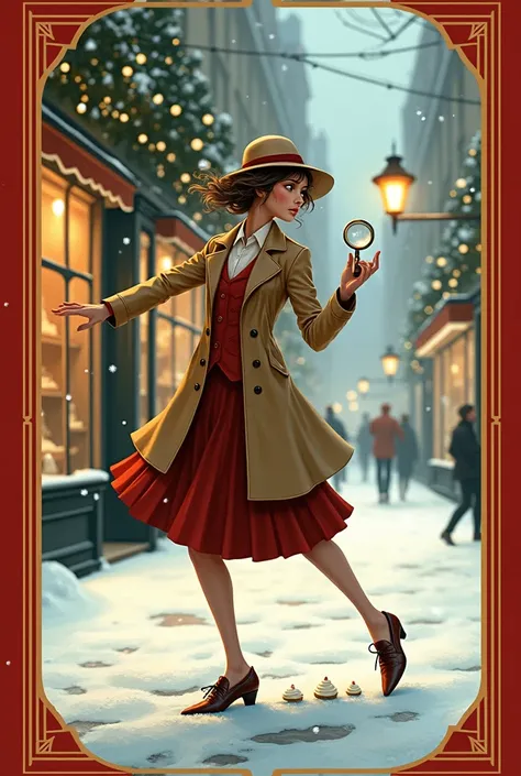 
The book cover showcases a slim, adorably scattered female detective with windswept hair, a slightly off-center hat, and a lopsided trench coat over a stylish pleated skirt. She’s caught mid-slip on an icy patch of snow, clutching a meringue in one hand a...