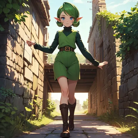 saria (the legend of zelda), she is and looks like an adult, blue eyes, short curly green hair, long pointy elf ears, looking at viewer, she is saying "Papa bear" in a speech bubble