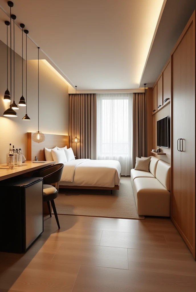 Hotel room ,  desk with small fridge bar below ,  black and beige chair ,  wooden headboard bed ,  bedside tables suspended like shelves ,  hanging lamps bedside design ,  double door wardrobe  ,  let me see the whole room from a perspective angle,  I dont...