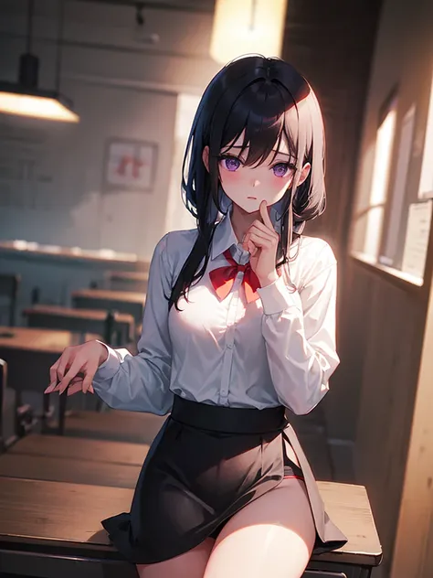 , school classroom background ., black hair、  panties on my desk in the foreground、 red panties、  ivory sparkling silky slightly disheveled half-up , Compensate, Grace, dignity,  semi-long hair、Purple Eyes、 Medium Bust  , shy, Curvaceous,wearing a mini ski...