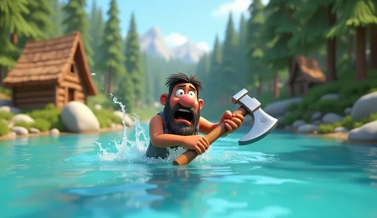  Make 3d cartoon animation  "A shiny iron axe falling into a clear blue river as the woodcutter watches with a shocked expression."