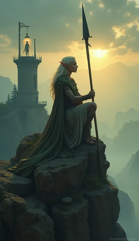 High angle shot of a woman sitting on a rock holding a spear in the style of Anne Stokes. Beautiful ambient light. Watchtower. Elf, pale pointed ears, emerges from a lantern, standing alone. Priest.