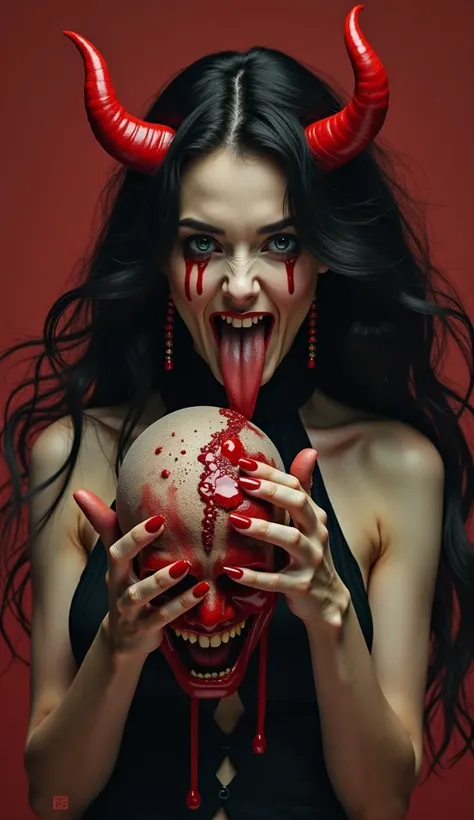  Create an image of a devil woman with red horns and her tongue out , This one has to be sensual but at the same time give a terrifying touch ,  it also has to be grabbing the severed head of a man  , both her hands and the mans head must be ,  the head ha...