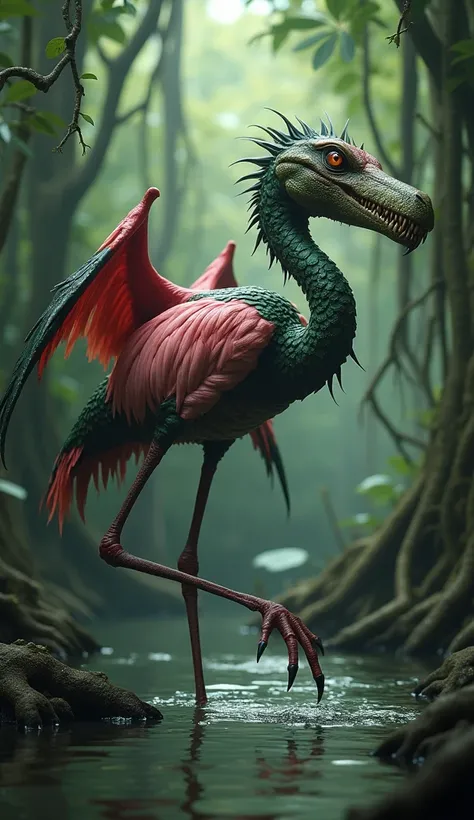 "Create a terrifyingly realistic hybrid creature merging the elegance of a pink flamingo with the ferocity of a dark green crocodile. This creature should have the elongated, slender legs of a flamingo, but covered in rough, crocodilian scales. Its body bl...