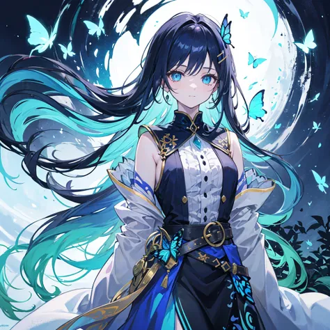 The image depicts an anime-style character with long, flowing blue hair adorned with a dark butterfly hairpin. The character is wearing a detailed outfit with a mix of blue, white, and black colors, featuring floral patterns and a green belt with a gold bu...