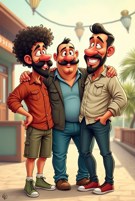 I want you to create a caricature of three male friends, the first one who is a bit good in shape with big curly hair with a mustache  "Mexican"  and without a beard, the second a little more chubby with a slightly flabby beard and short short hair, the th...