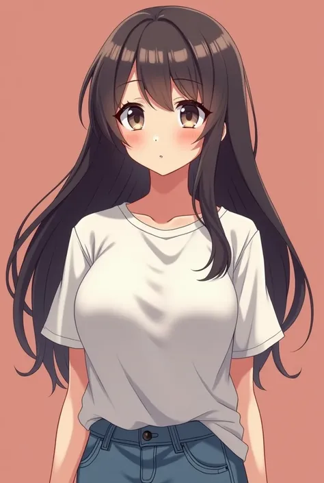 Little sexy sister is wearing her brothers T-shirt which is much too big you can see her big boobs anime 