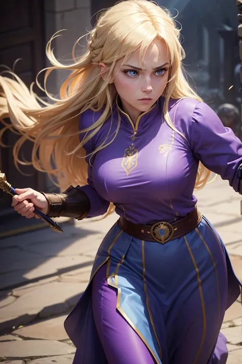 One female, Blonde hair, purple-blue eyes. She has a strong, athletic build, reflecting her royal heritage and combat training. Her facial features are sharp and defined, often carrying a serious, determined expression. She might be seen wearing practical ...