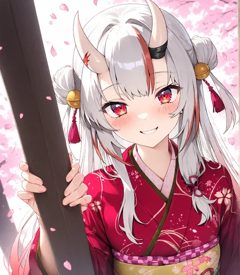 ((Nakiri Ayame)),Girl, long hair, gray hair,    kimono, red eyes, red mesh color, (Cherry Blossoms), Smiling,alone, a radiant smile,masterpiece,Best Quality, blush,  smiles, ((Cherry blossom petals)), reach over here