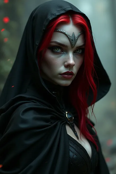  A dark gray skinned drow woman ,  with red hair with a silver front lock, green eyes and a black cape 