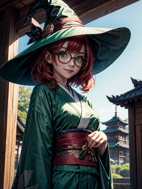 Short,  red hair ,  green eyes ,  glasses with metal frame , witch hat, green kimono , smiling girl on the background of the temple