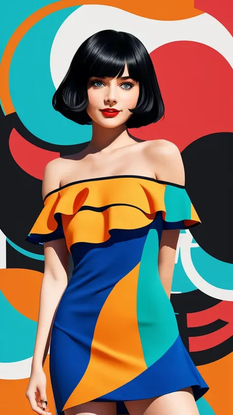  Create a flat illustration of a realistic female character with a black bob cut, striking blue eyes, and red lips. She is wearing a dress featuring an orange ruffle off-the-shoulder top, showcasing her bare shoulders. The character has a warm smile, exudi...