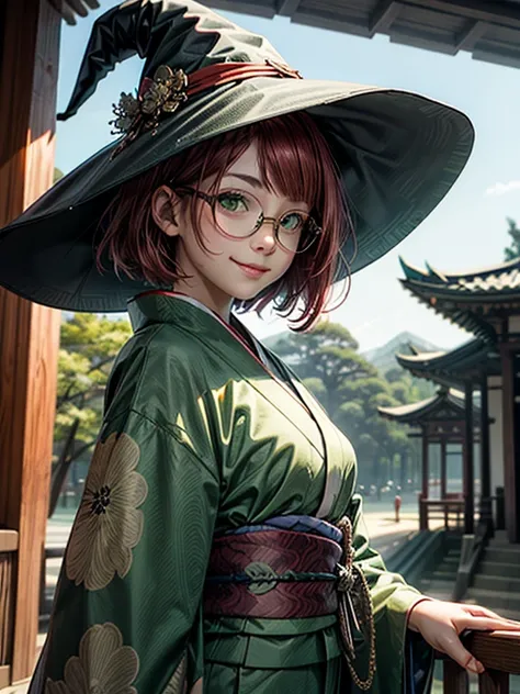 Short,  red hair ,  green eyes ,  glasses with metal frame , witch hat, green kimono , smiling girl on the background of the temple