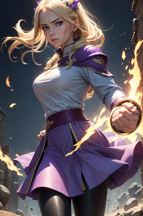 One female, Blonde hair, purple-blue eyes. She has a strong, athletic build, reflecting her royal heritage and combat training. Her facial features are sharp and defined, often carrying a serious, determined expression. She might be seen wearing practical ...