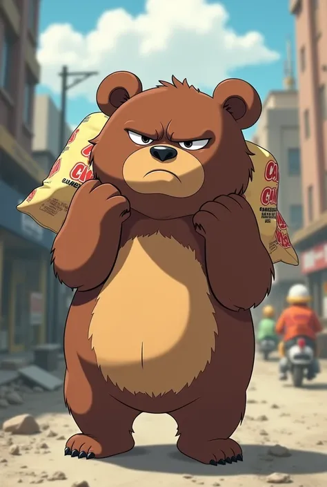 Create an image of a rude anime bear carrying a bag of camba cement