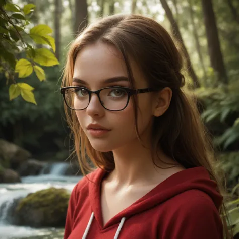  A young woman with fair skin and light brown eyes is in a dark and lush forest, her eyebrows are thick and she does not wear glasses .  Her long, straight hair ,  of a natural dark brown with reflections that shine softly under sunlight , falls elegantly ...